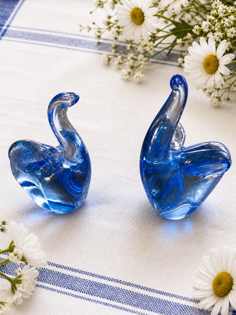 Blue Glass Elephant Figurines Pair Vintage Decor